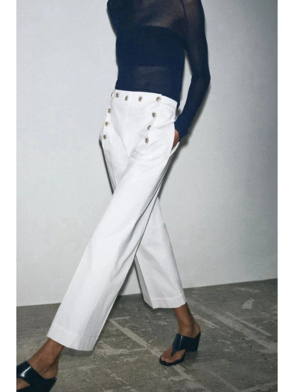 Zara Womens High-Waisted Buttoned Pants Sailor XS White Wide Leg 2822/539 NWD